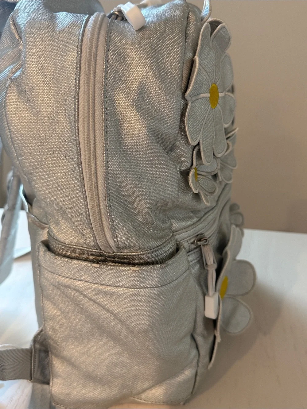 STATE Metallic Silver Daisy Patch Kane Kids Mini Backpack